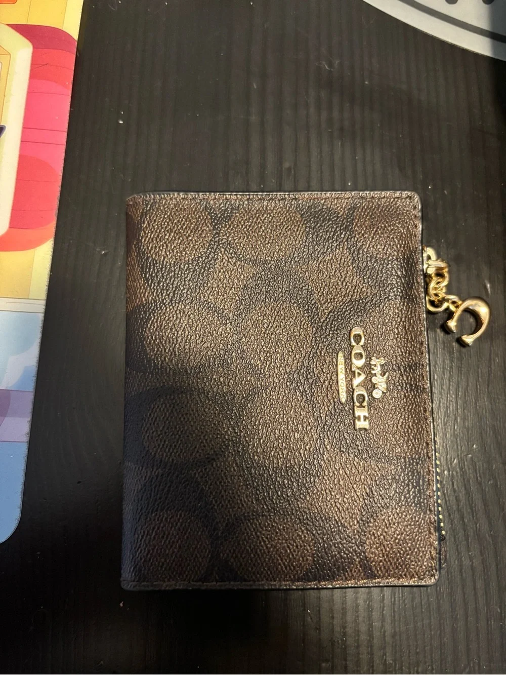 Coach Brown Signature Canvas Zip Wallet with Gold Hardware